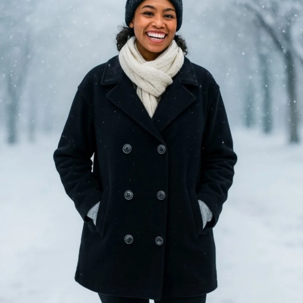 J. Crew Women's Longer Length Wool Black Double-Breasted Pea Coat - Picture 1 of 8